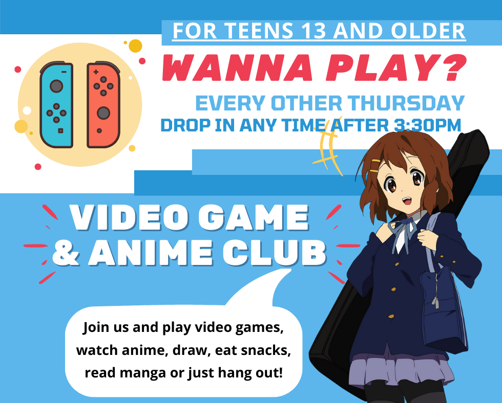 Blue background, Nintendo switch controllers, female anime character, with words that say "wanna play?"