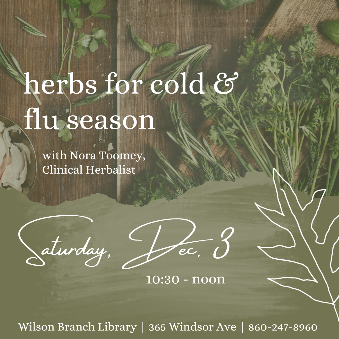 square image with picture of herbs on wood table with text that reads "herbs for cold and flu season"