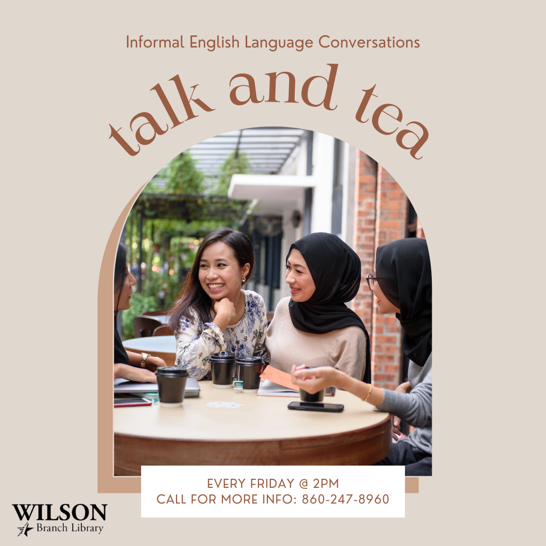 picture of women smiling and talking while drinking tea with text that reads talk and tea every friday at 2:00 PM