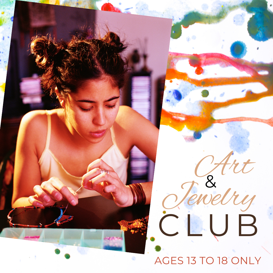 Young person making jewelry with paint spatter in the background
