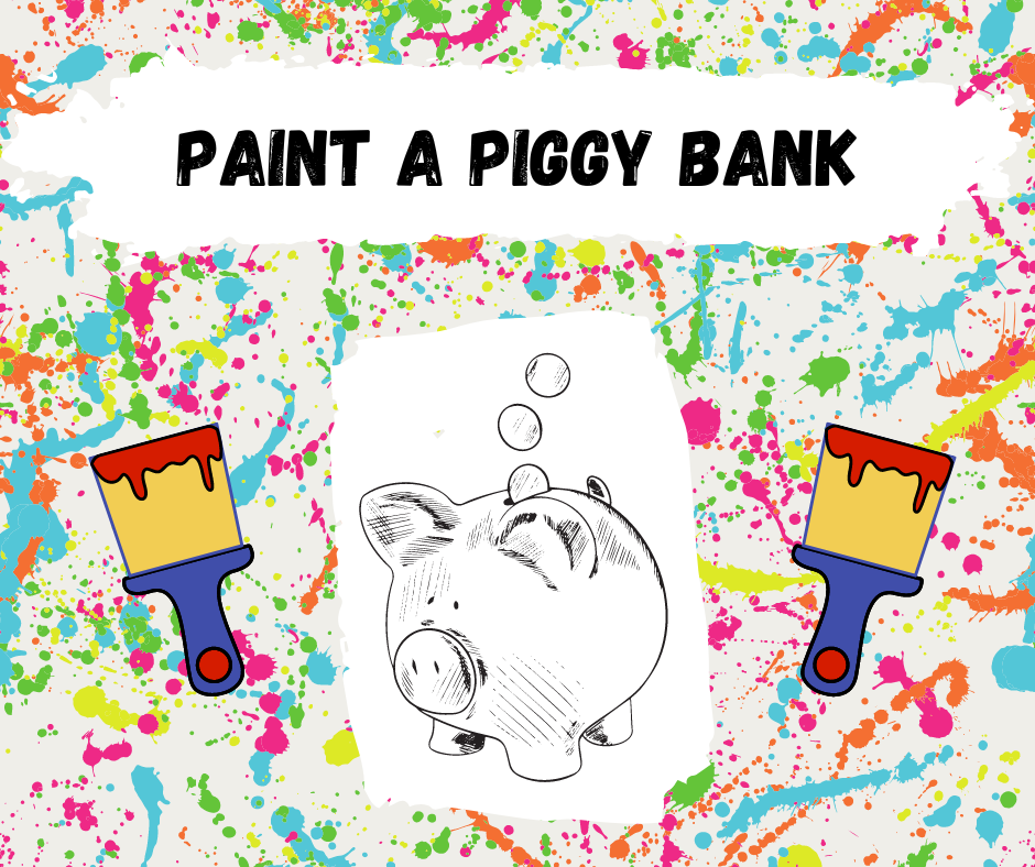 drawing of a piggy bank with two paintbrushes on top of splatter paint background