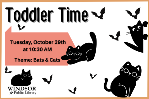 Toddler Time: October 29th at 10:30 AM. Theme: Bats & Cats