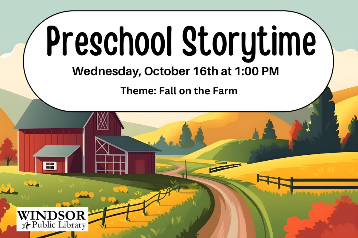 Preschool Storytime, Oct. 16th at 1:00 PM. Theme: Fall on the Farm