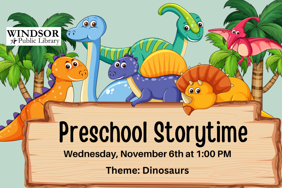 Preschool Storytime, November 6th at 1:00 PM. Theme: Dinosaurs 